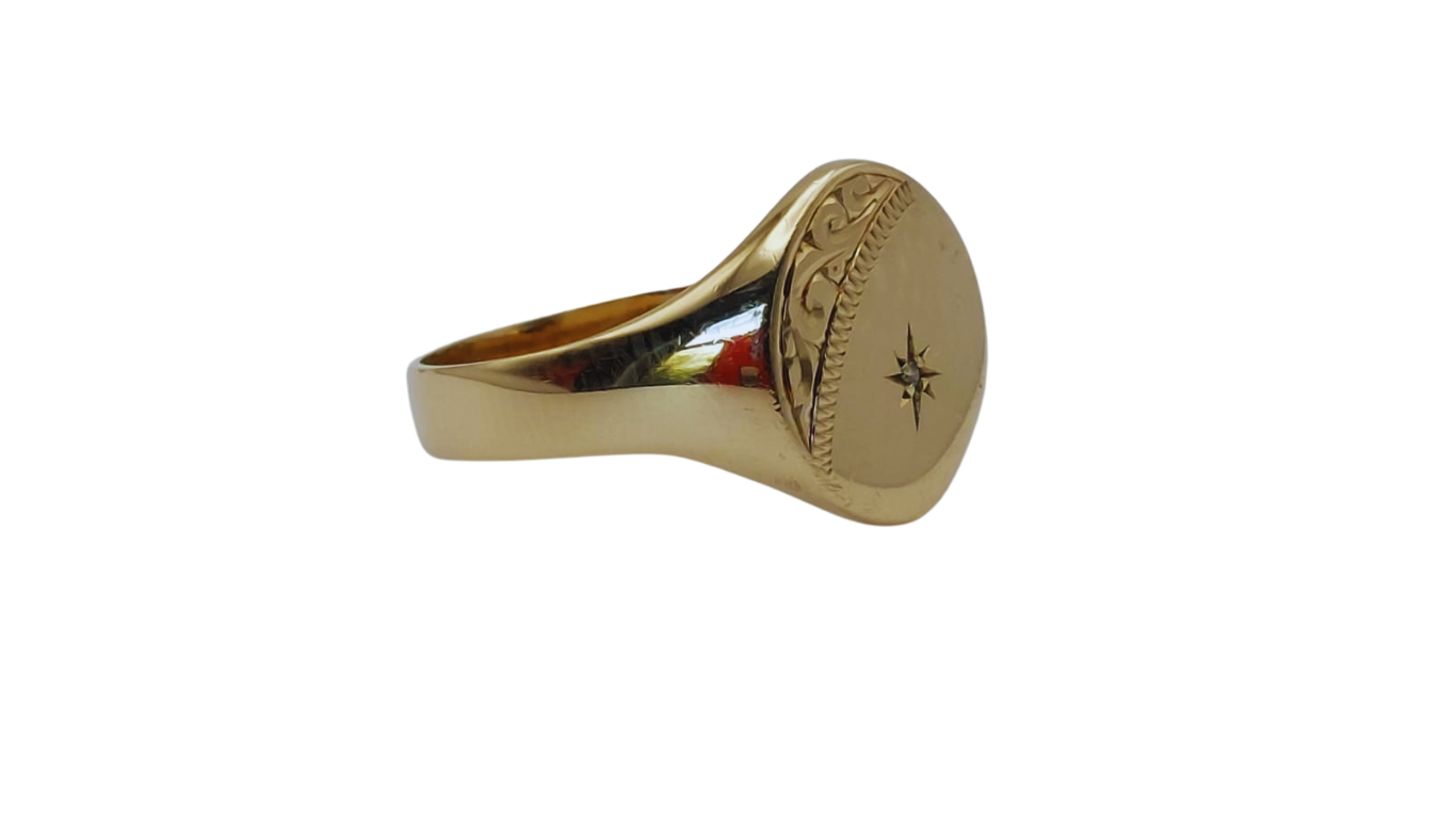 9ct Gold Engraved Signet Ring With A Diamond