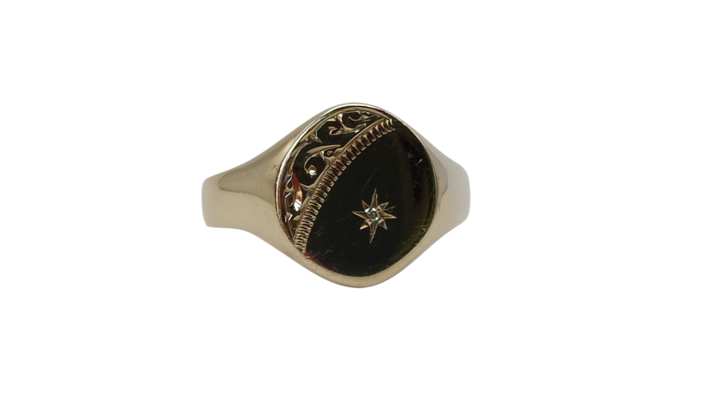 9ct Gold Engraved Signet Ring With A Diamond