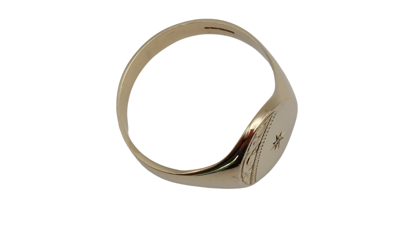 9ct Gold Engraved Signet Ring With A Diamond