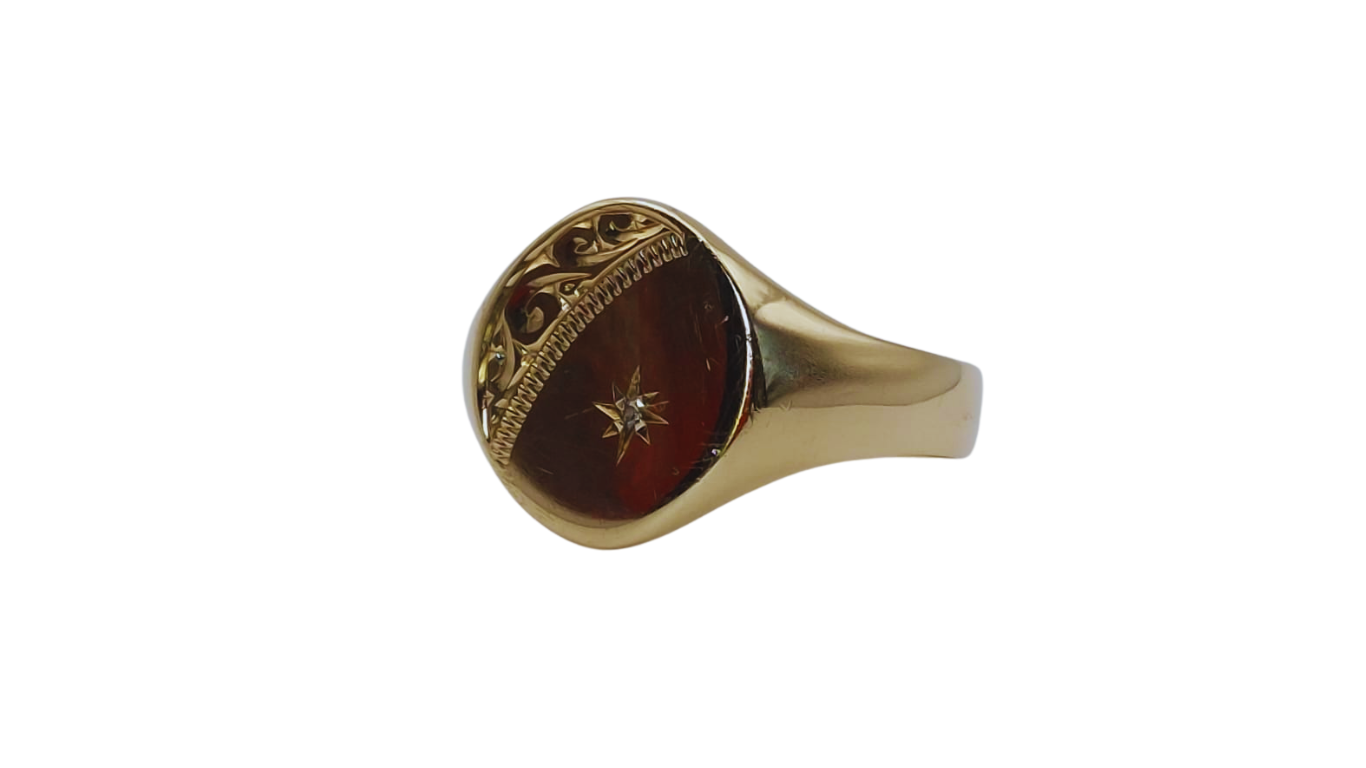 9ct Gold Engraved Signet Ring With A Diamond